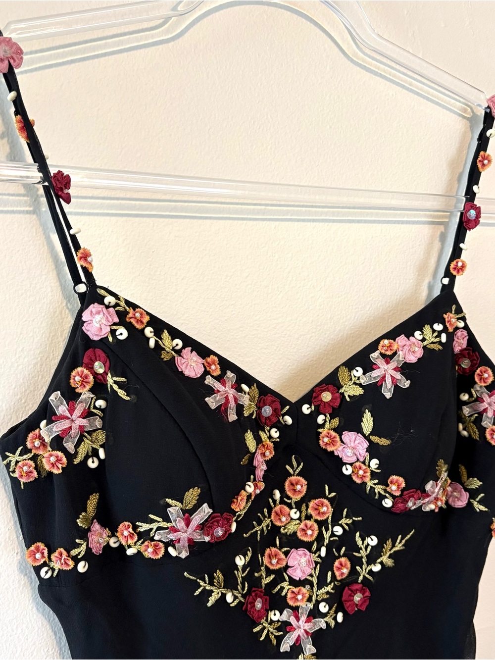 Vintage 90s Sue Wong black silk floral beaded asymmetrical hem dress - Picture 4 of 10
